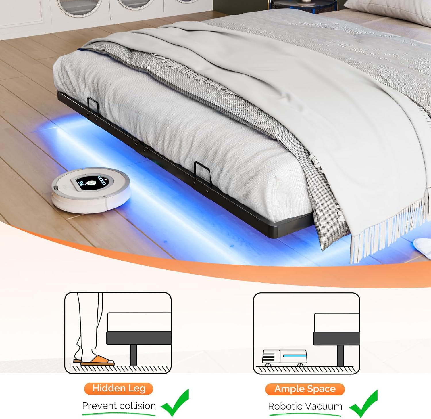 VINGLI Queen Size Floating Bed Frame with LED Lights and Charging Station, Cozy Hidden Storage Velvet Upholstered Bookcase Headboard,No Box Spring Needed,Easy Assembly,Black
