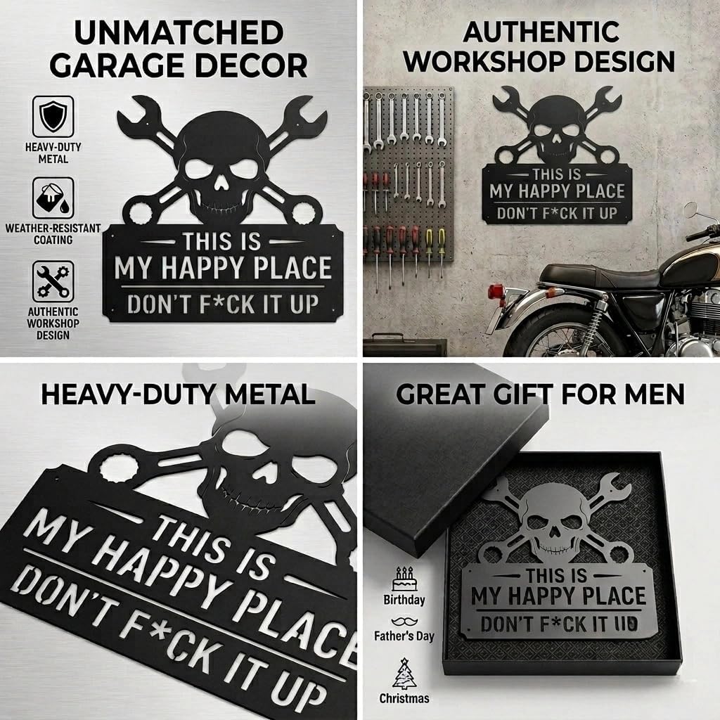 Funny Metal Wall decoration -"This Is My Happy Place Don't F*ck It Up"This Is My Happy Place Black Skull & Crossed Wrenches Wall Decor Suitable for private studios, workshops, and tool rooms（black 16 in）