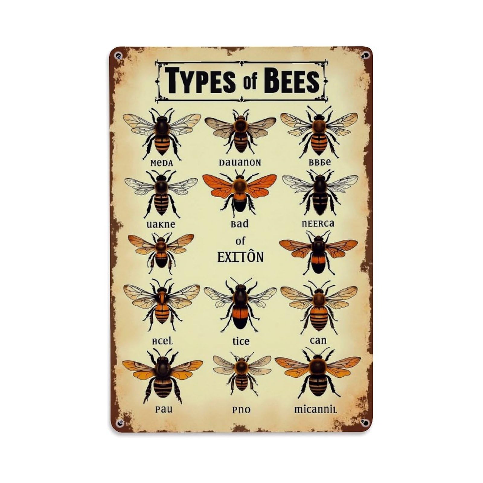 Types Of Bees Poster Print Retro Metal Tin Sign, Vintage Metal Poster for home, Gaming Room, Studio Workshop,Bar,Garage Wall Art Decor 8x12 Inch