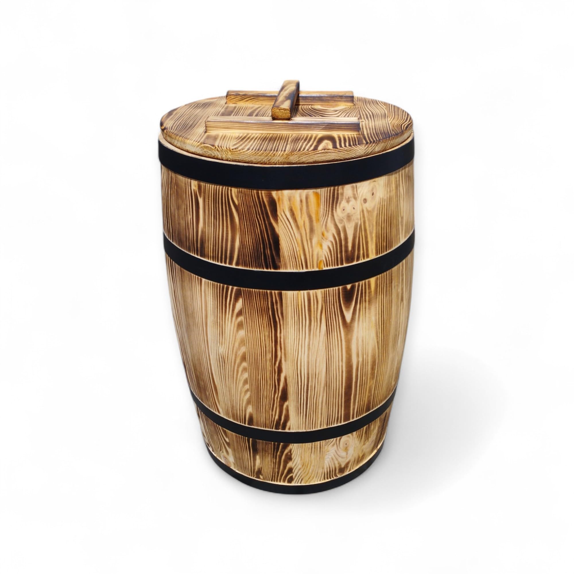 Wooden Barrel with Lid and Metal Hoops - Vintage Burnt Wood - Rustic Barrel for Garden, Rainwater or Decoration 135 Litres