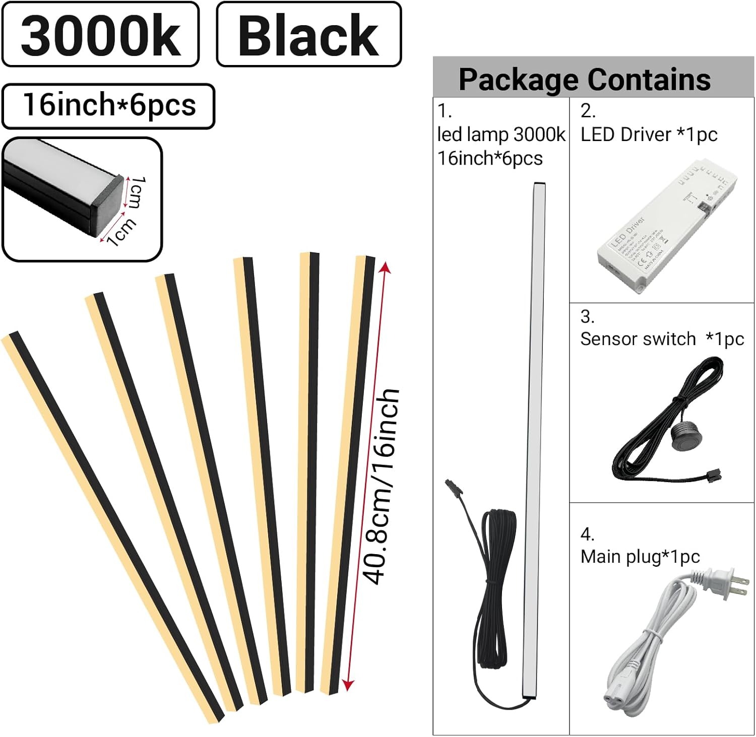 HAMRVL 6pcs 16-Inch DC12V Black 3000K Warm White LED Wall Panel Lights, Self-Adhesive Dimmable Touch Switch Slat Wall Lights Strip for Wood Slat Wall Panels, Media Acoustic Panel, Bedroom Headboard