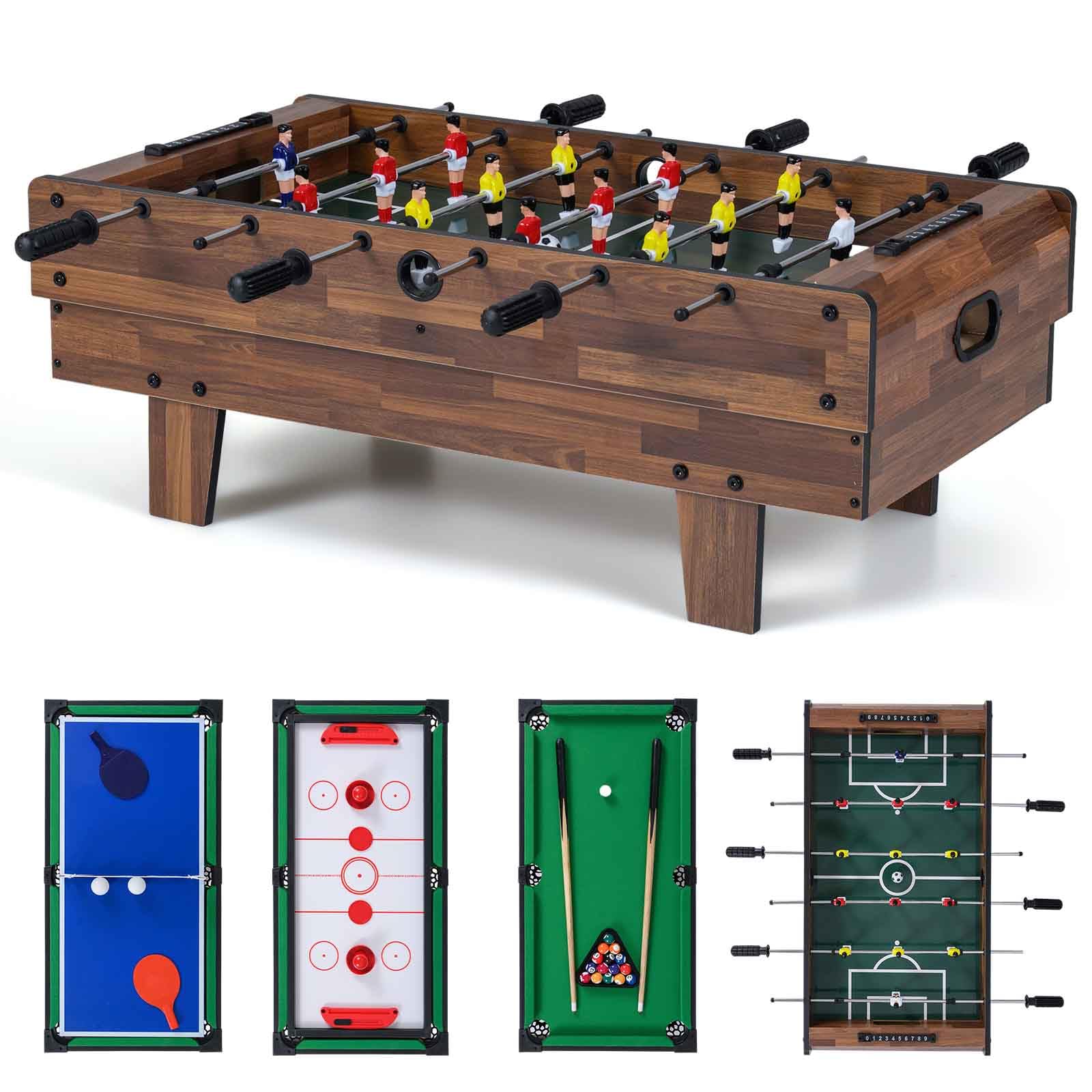HOMASIS 4 en 1 Mesa de Juegos de Madera, Mesa de Futbolín con Tableros Apilables para Billar, Air Hockey, Futbolín, Tenis de Mesa para Niños y Adultos 81x43x30,5cm, (Natural