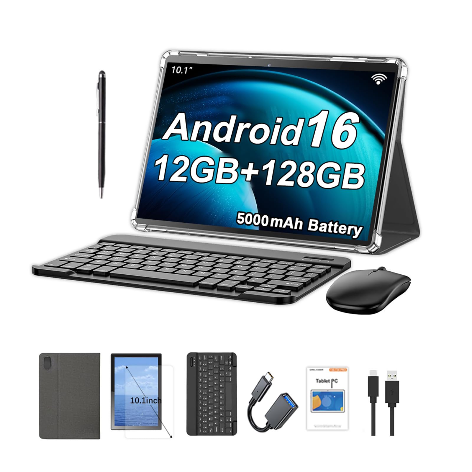 Crelander 10,1 Zoll Android 16 Tablet, 12GB+128GB Android Tablet, 5000mAh Akku, 1280x800 Touchscreen, Bluetooth/WiFi, Bundle mit Hülle, Tastatur, Maus & Stylus (Grau)