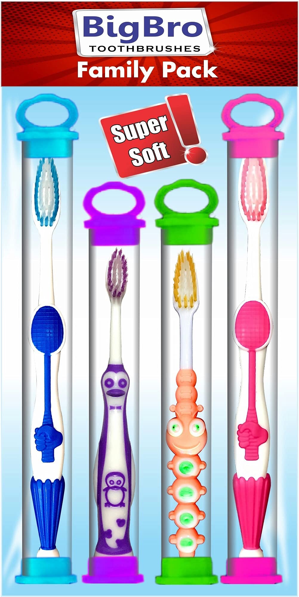 BigbroToothbrushes 2 Adult + 2 Kids Extra soft bristles with Covers- Super Saver Family pack of 4