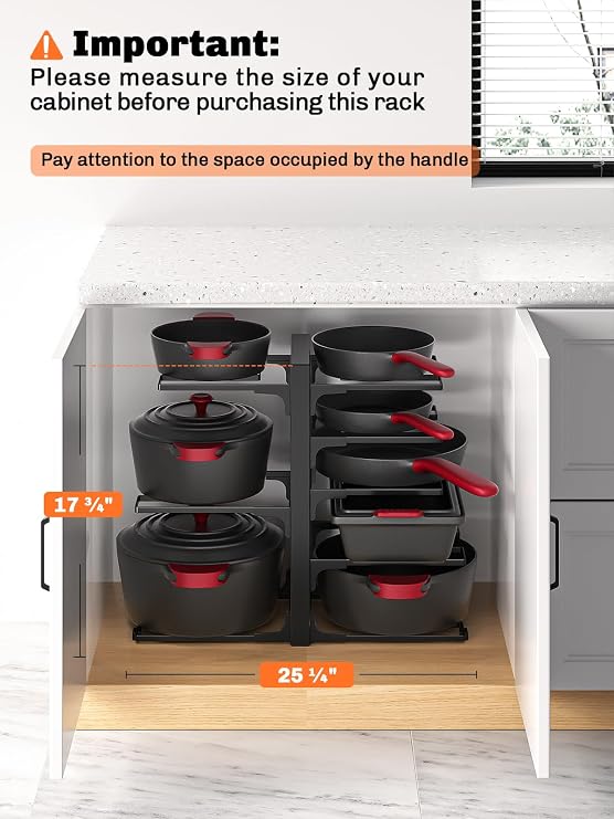 MUDEELA 8-Tier Pots and Pans Organizer under Cabinet, 15.83 Height Heavy Duty Pot Pan Organizer Kitchen Cabinet Organization and Storage, Adjustable Pot Rack for Frying Pan, Cast Iron Skillet, Black