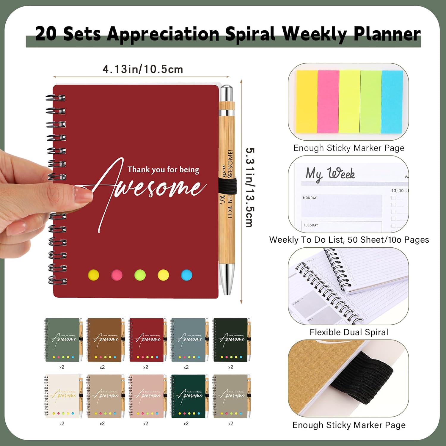 20 Sets Employee Appreciation Gift Bulk for Office Nurse Teacher Thank You Being Awesome Weekly Planner Notebook Pen Sticky Notepad for Staff Coworker Graduation (Bamboo,Retro Color)