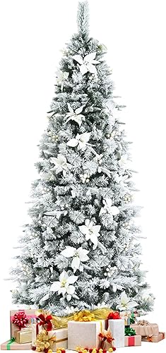 Miniatura 1 de GOFLAME Árbol de Navidad artificial nevado de 6 pies, árbol de Navidad preiluminado con bisagras con 471 agujas de pino, puntas de PVC y