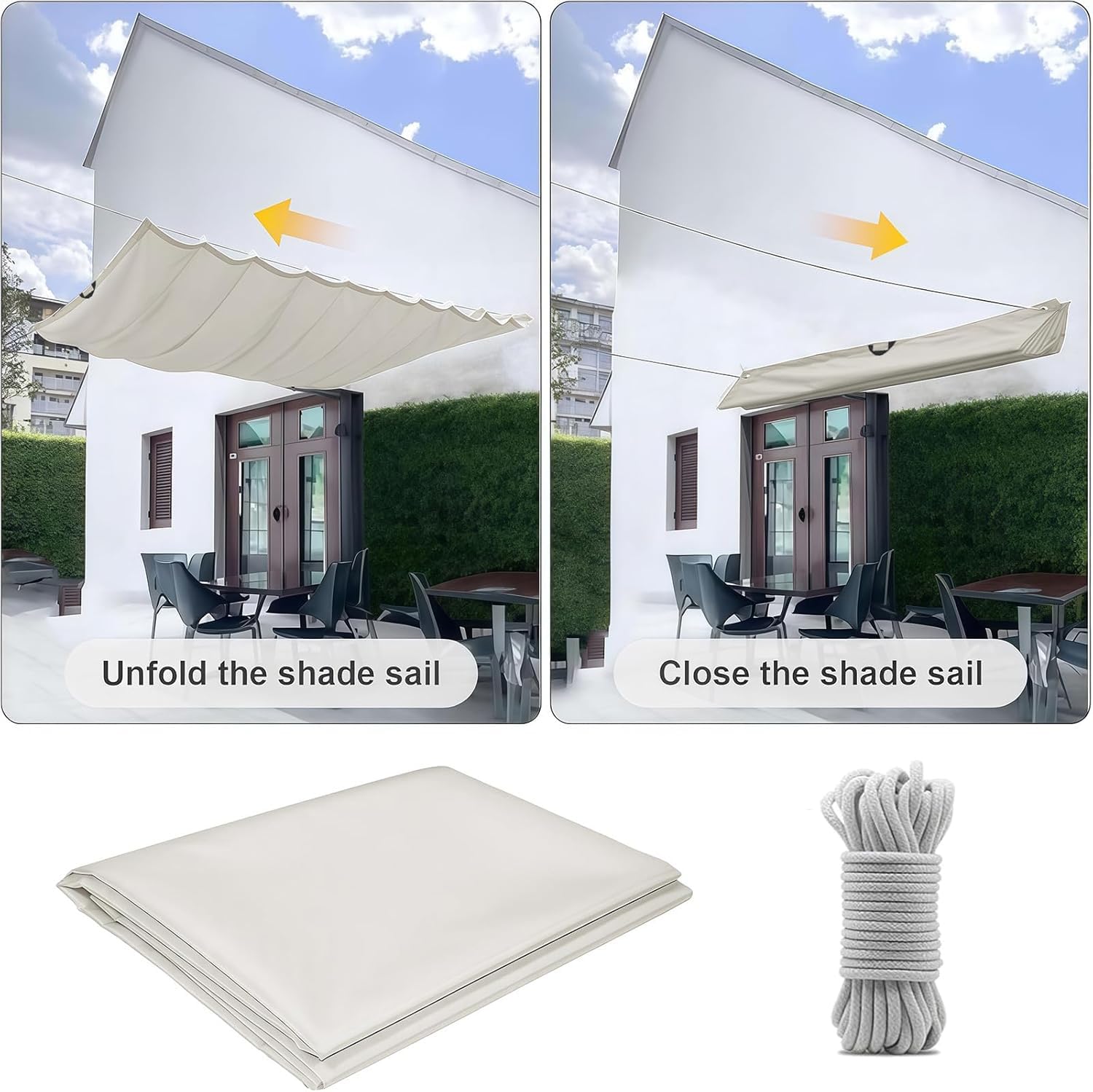 Vela Parasole a Onda Retrattile 2 x 12.75 m Resistente Agli Strappi, Resistente Alle Intemperie Tenda da Sole a Onda Retrattile Copertura Regolabile per Ombra per Esterno, Terrazzo, bianco
