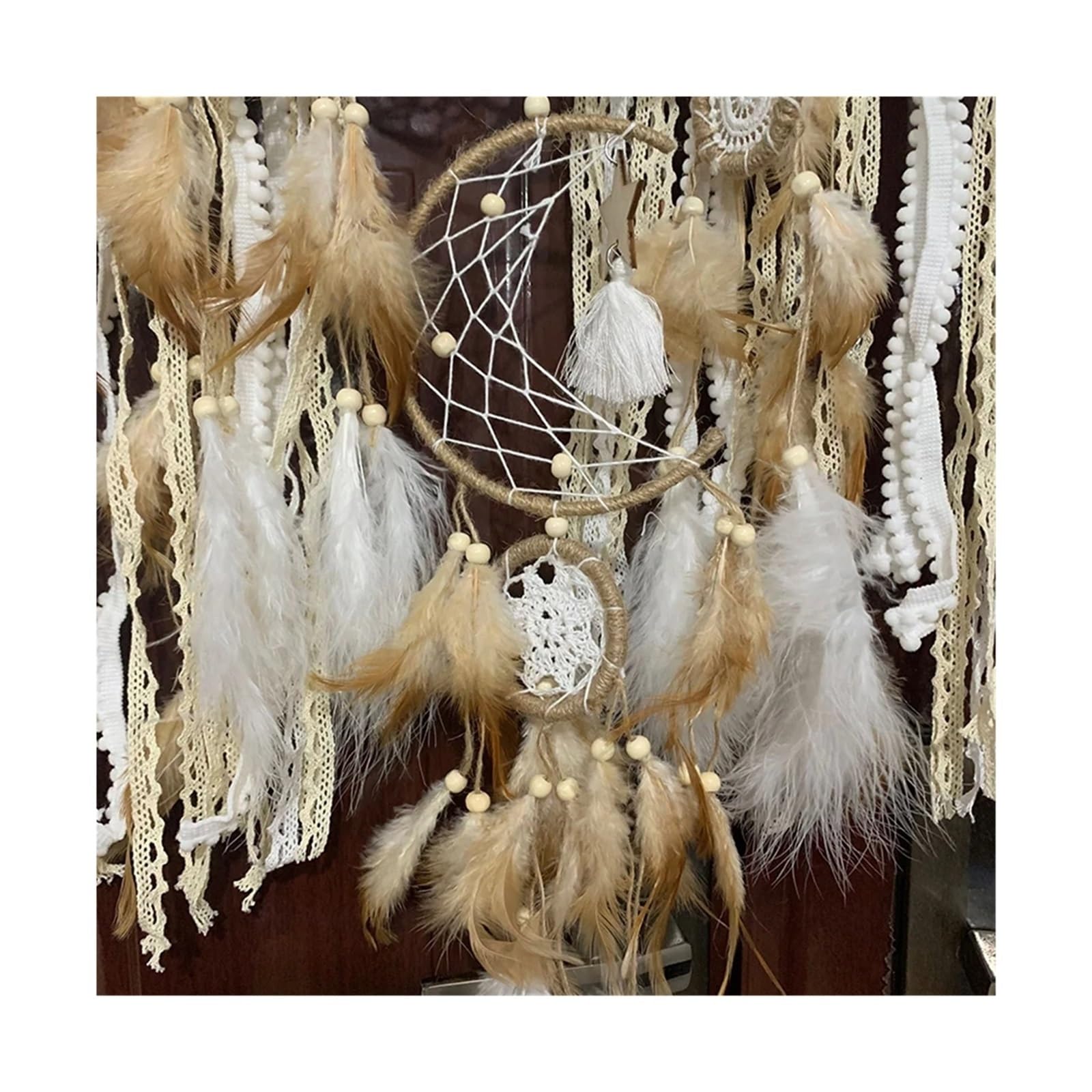 5 unids/Set atrapasueños Plumas Hecho a Mano hogar Sala de Estar Dormitorio decoración Colgante Pared (sin luz ni Palo Madera) para Expositor(White)