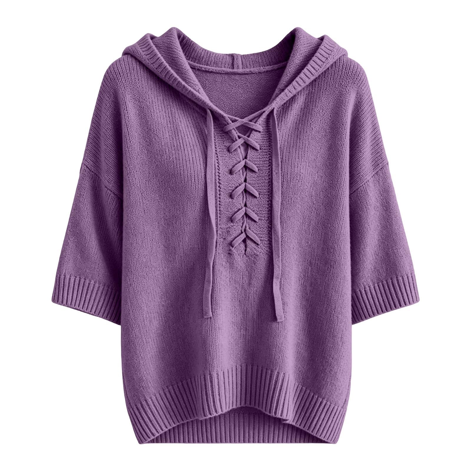 Generisch Felpa da donna in cotone, oversize, casual, tinta unita, elegante, lavorata a maglia, con cappuccio, confortevole, a maniche a 3/4, calda