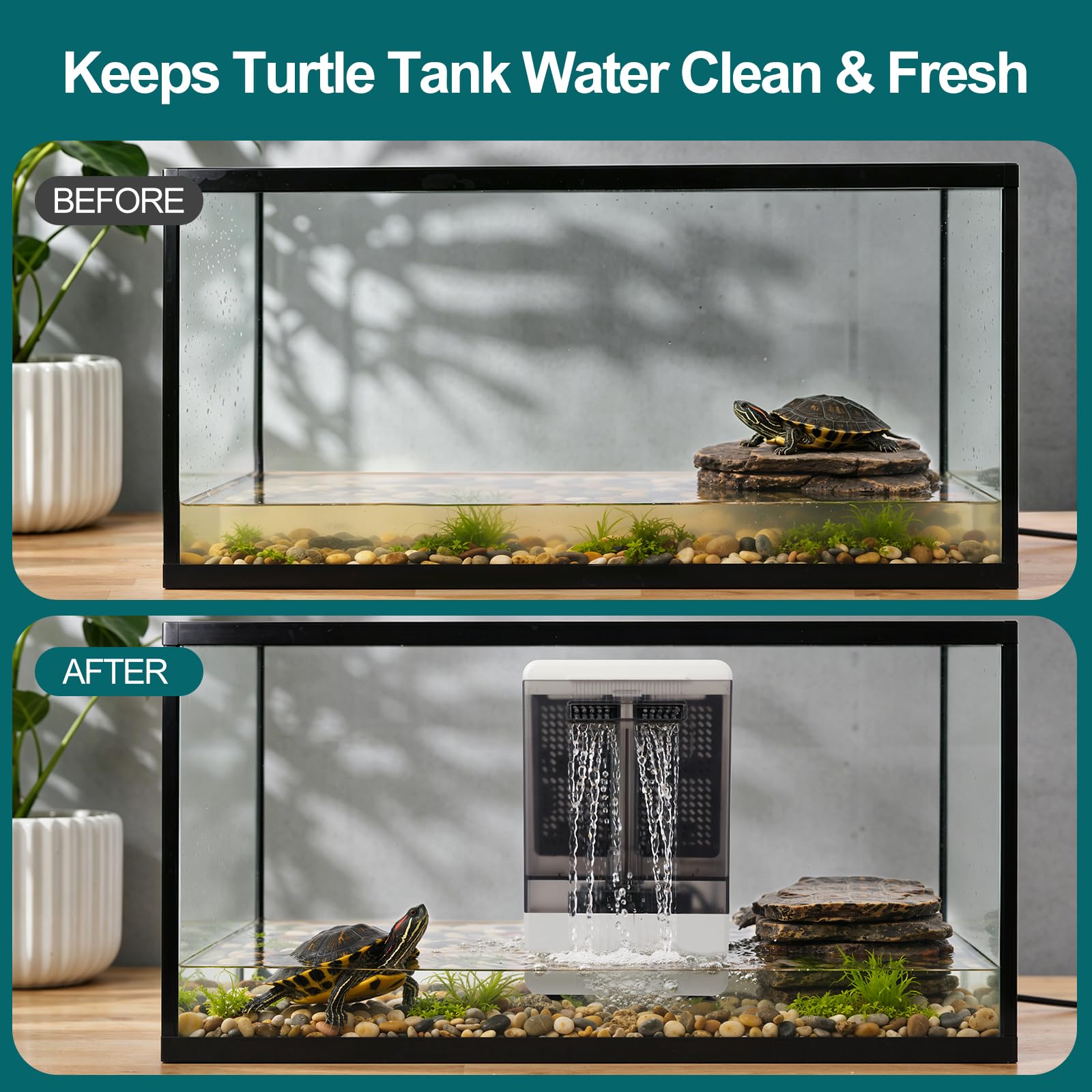 Filtro de tanque de tortuga para acuario para bajo nivel de agua, filtro interno de 158 GPH para pecera de tortuga de 15-30 galones, silencioso para camarones, ranas, reptiles, agua dulce y