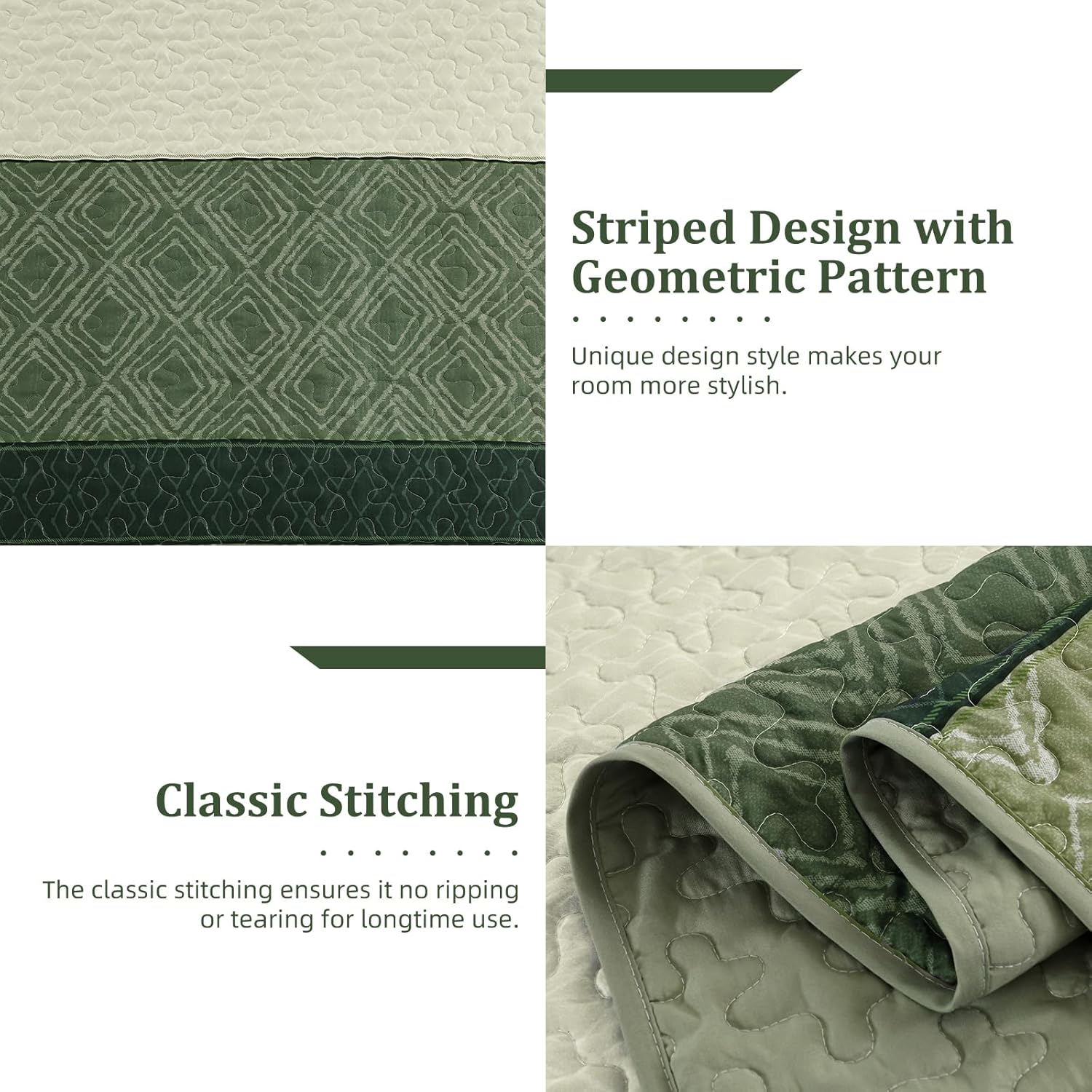 Green Quilt Set Queen Size,Boho Summer Bedspread Coverlet Set,Striped Plaid Bedding Set Soft Microfiber Bedding Set with 2 Pillow Shams 96"x90" - Image 5