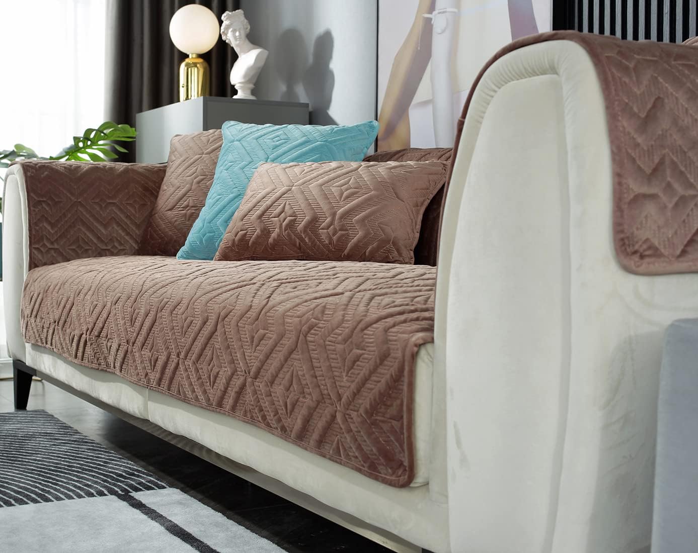 vctops Velvet Plush Diamond Pattern Sofa Couch Cover Solid Color Non Slip Sectional Couch Covers Soft Warm Thicken Sofa Slipcover for Dogs, Children, Pets Furniture Protector(Brown,34"x47")