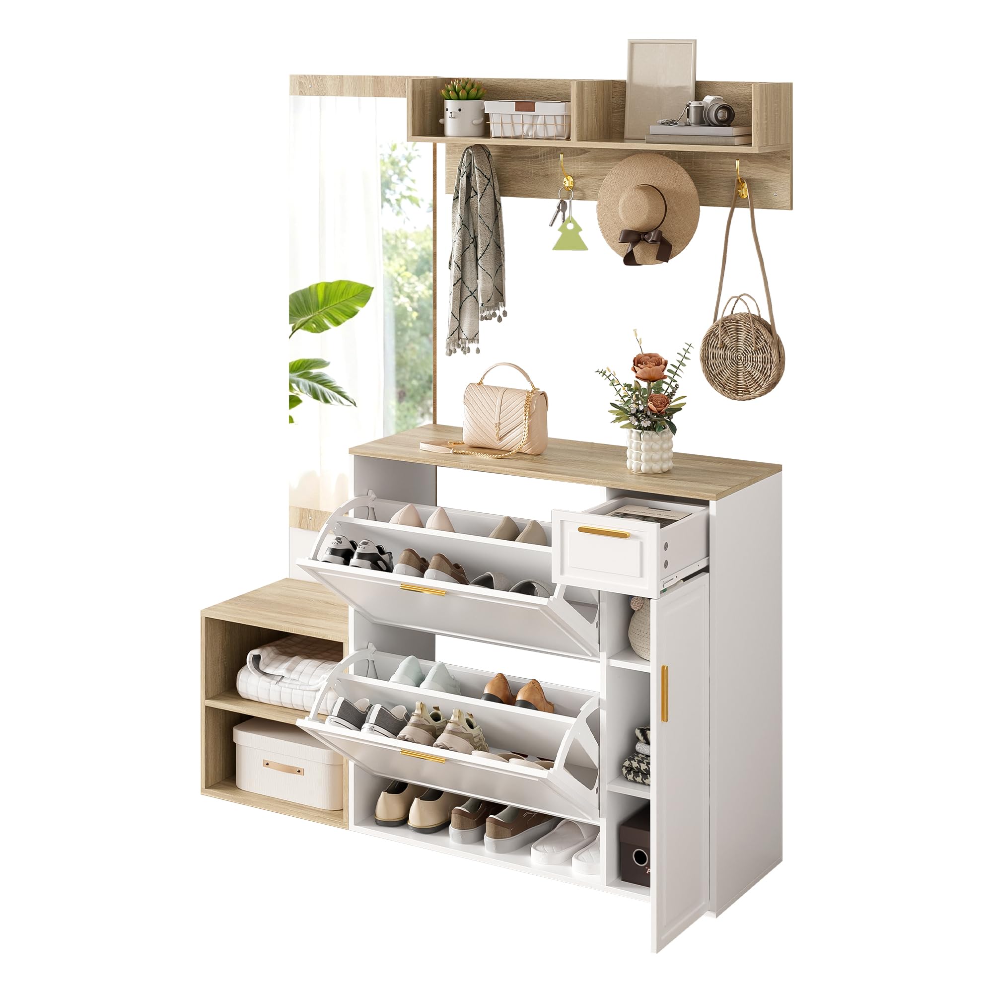 MURUL Set di 4 appendiabiti da 139,5 x 35 x 166 cm, naturale/bianco, con scarpiera, panca, appendiabiti da parete e specchio, set completo per corridoio e ingresso