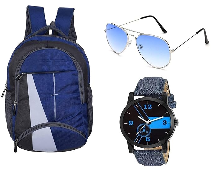 BLUBAGS Fabric 30 LTR Blue Laptop Bag+Analogue Blue DIAL Watch+Aviator Blue Free