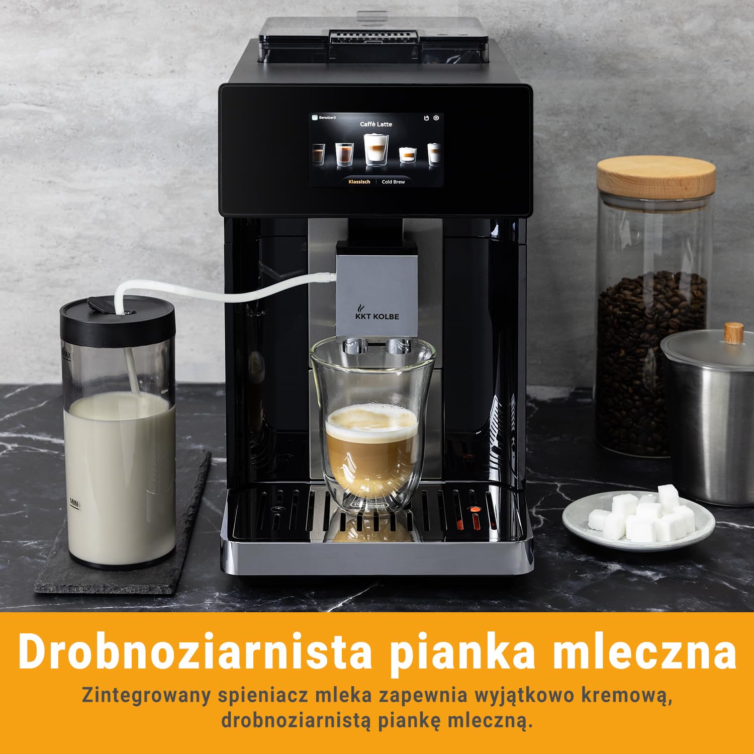KKT KOLBE Pro ekspres do kawy z pojemnikiem na mleko, dysza do pianki na mleko i akcesoriami, funkcja 2 filiżanek, 15 bar, 7-stopniowy mechanizm mielący, ekran dotykowy TFT, automatyczne czyszczenie