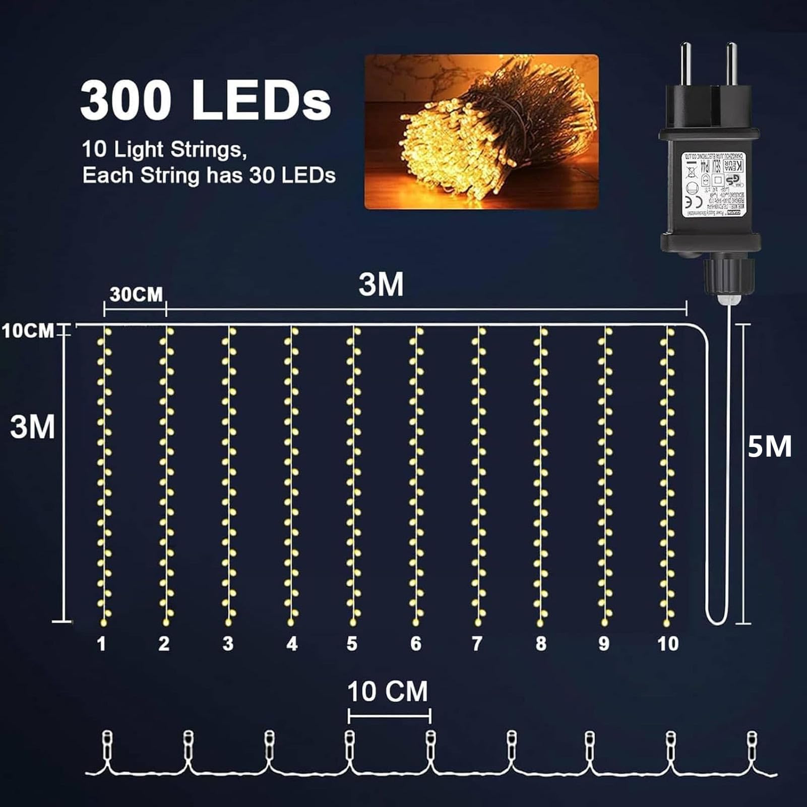 Joycome Kurtyna świetlna na zewnątrz, 3 m x 3 m, 300 diod LED, zasłona z wtyczką, 8 trybów, wodoszczelny, łańcuch świetlny, do pokoju, na balkon, imprezę, do namiotu, na wesele, do użytku na zewnątrz