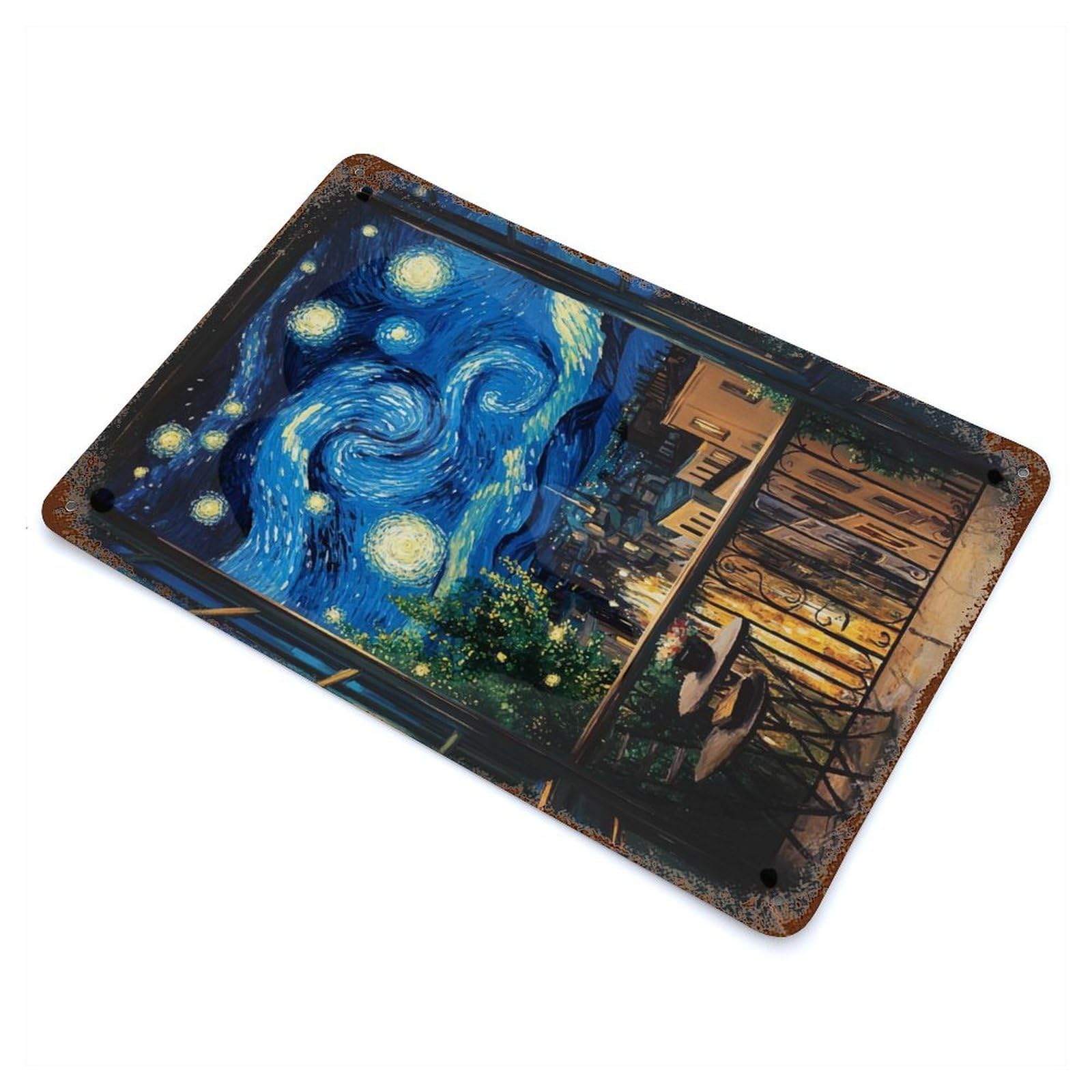 Starry Night Balcony Decorative Tin Sign 11.8"x7.9", for Bistro, Counter And Cafe Decor, Retro Wall Decor