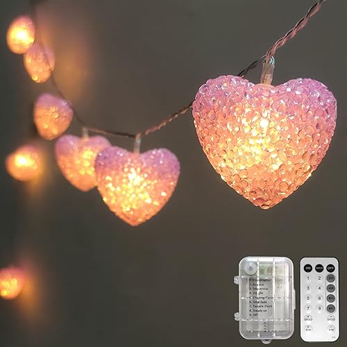 Miniatura 1 de Guirnalda de luces de corazón de San Valentín con pilas, 6.8 pies, 10 luces LED inastillables de corazón rosa con temporizador remoto, luces de
