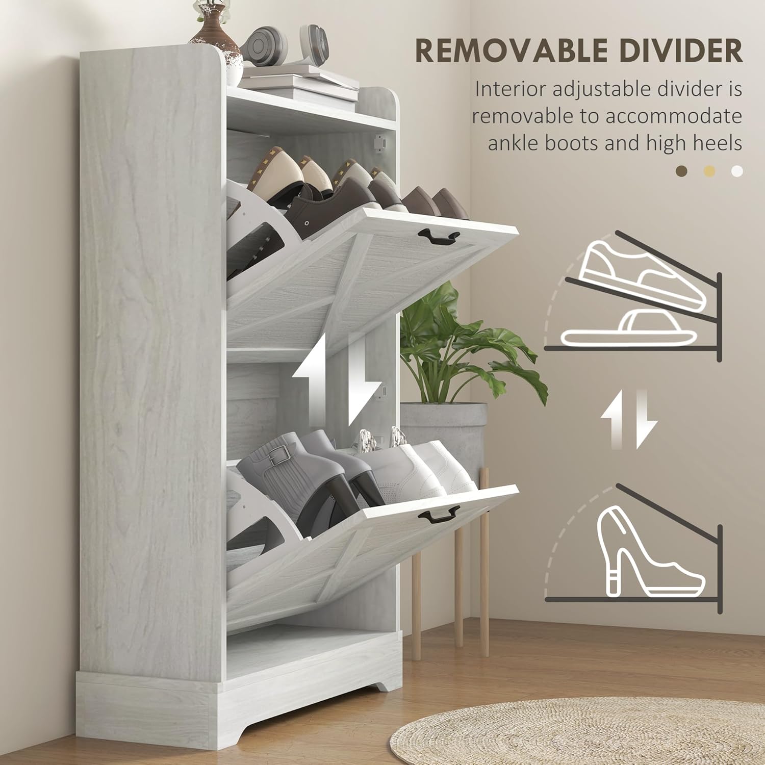 HOMCOM Slim Shoe Cabinet for Entryway, Farmhouse Hidden Shoe Storage Cabinet with 2 Flip Drawers and Adjustable Shelves for 8 Pairs of Shoes, Distressed White