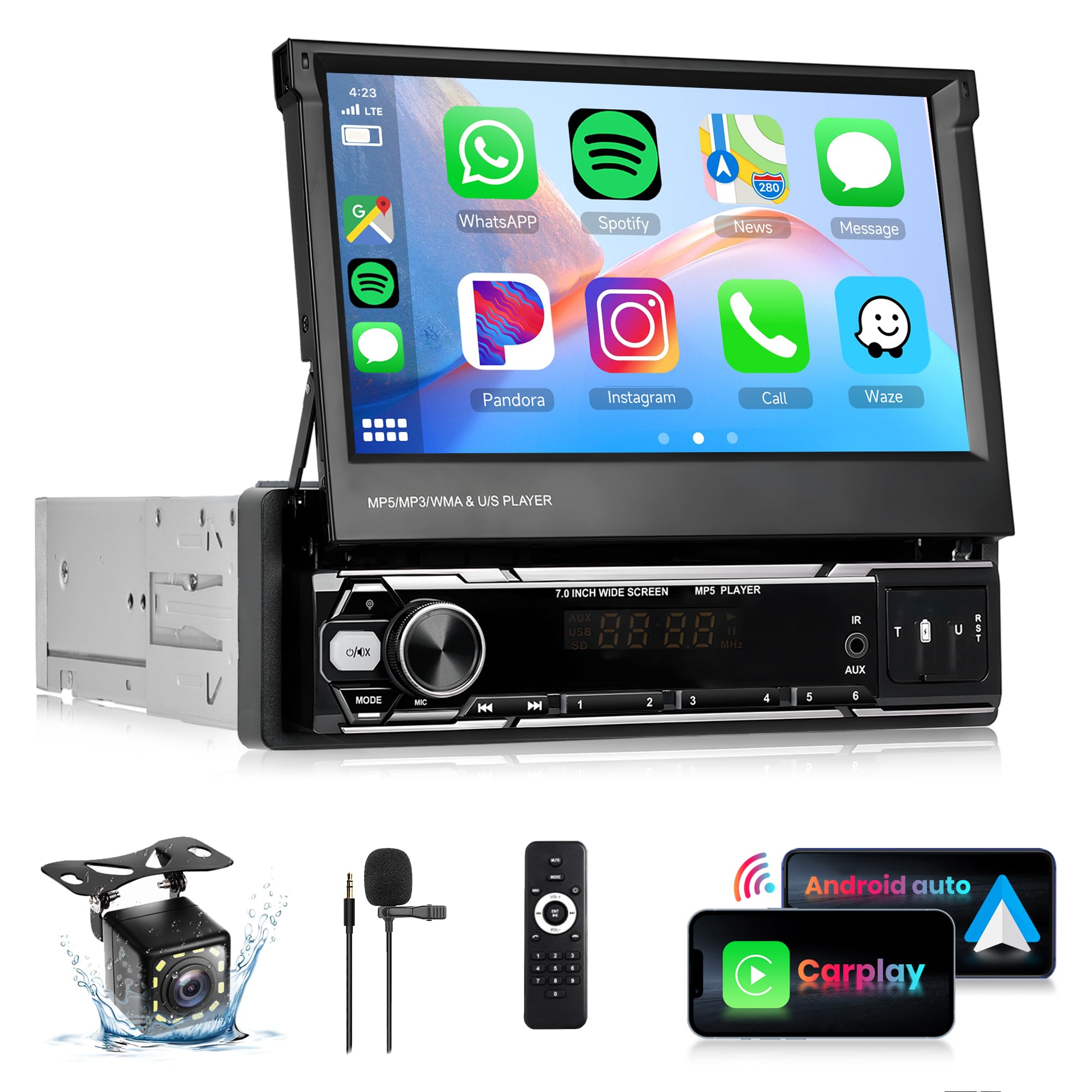 Rimoody Radio de Coche 1 DIN Inalámbrico Carplay Android Auto con Pantalla Táctil HD de 7 Pulgadas Retráctil Pantalla con Bluetooth GPS Navi Mirror Link FM/Am/RDS Radio TF/USB/AUX Cámara Trasera