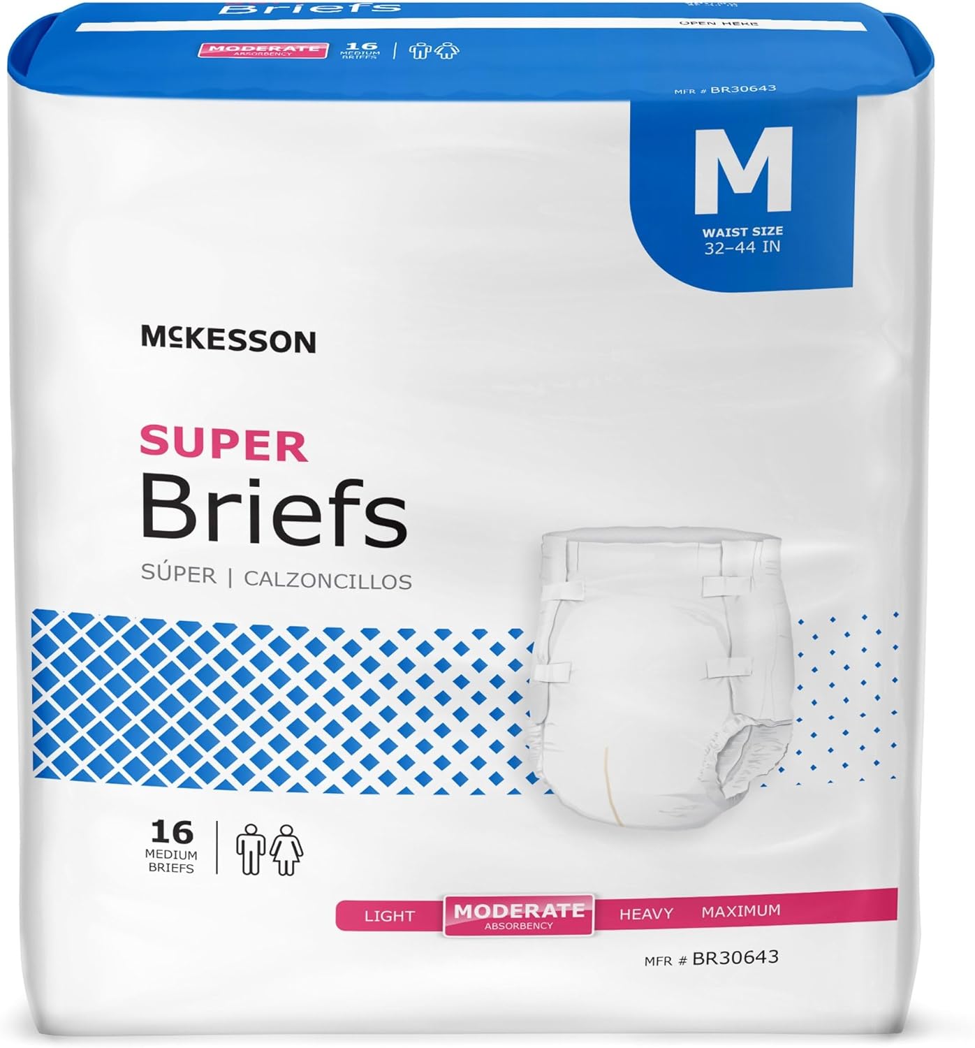 McKesson Super Briefs, [96 Count], Size M, 32-44 in. Incontinence Adult Diapers with Tabs, Moderate Absorbency, Unisex, Disposable, Elastic Leg Gathers and Contoured Fit for Men and Women