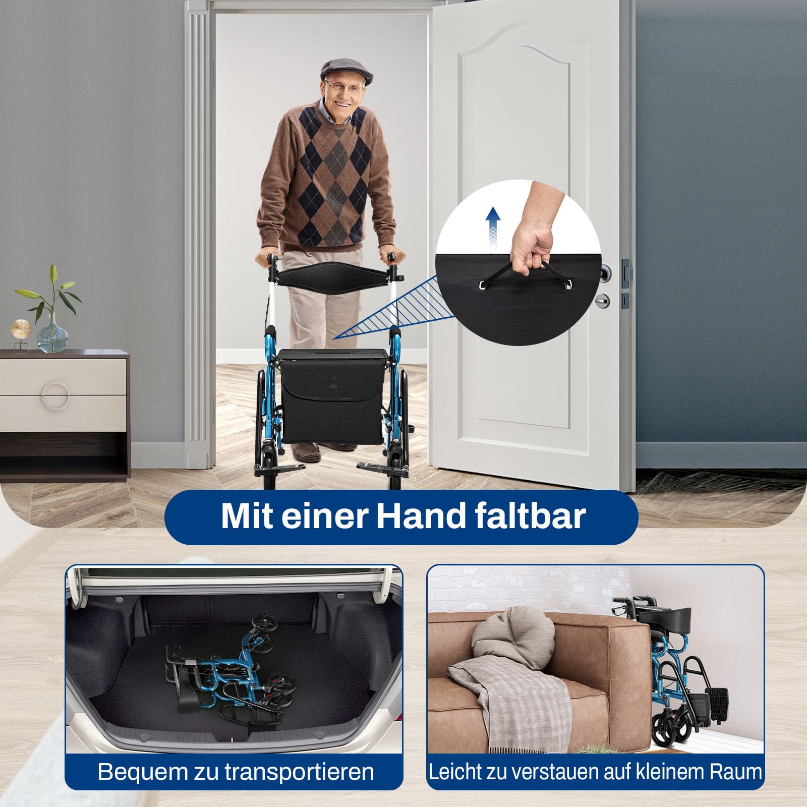 GOPLUS Składany rollator 2 w 1, pomoc w chodzeniu z regulacją wysokości, oparciem, siedziskiem i torbą, pomoc w chodzeniu, lekki chodzik z aluminium do 160 kg, składany wózek inwalidzki, rollator