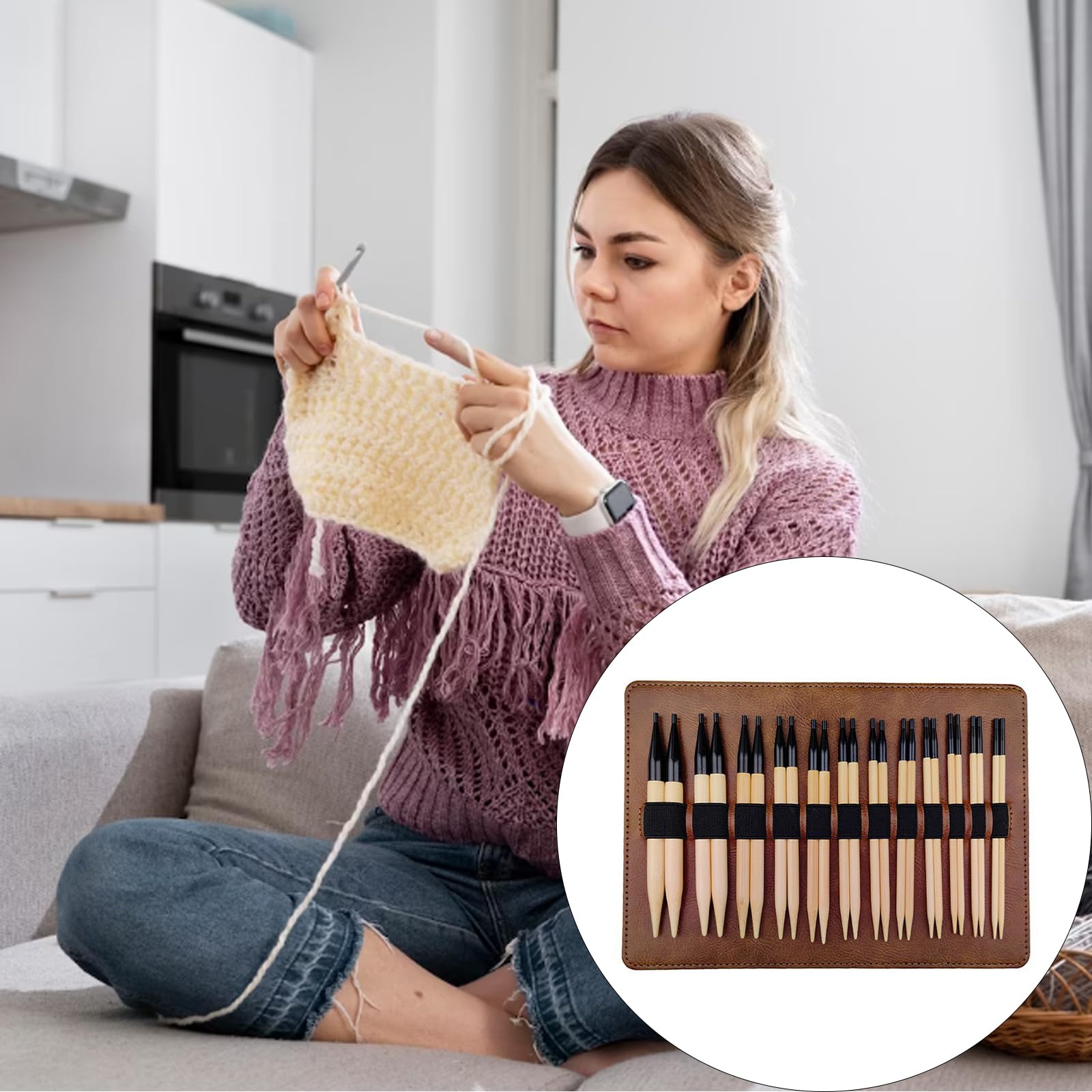 12 Pares de Agujas de Tejer de Madera, Juego de Agujas de Tejer Circulares Intercambiables de 3, 5-10mm con Bolsa de Almacenamiento para suéteres, Bufandas, tamaño