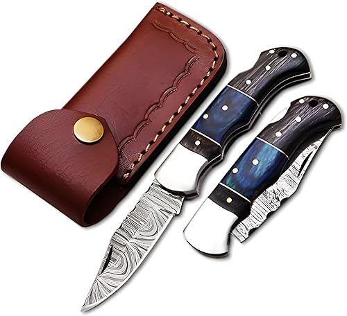 EDC DAMASCUS Navaja de bolsillo hecha a mano de 6.5 pulgadas con bloqueo trasero plegable pequeño para exteriores, camping, senderismo, hecho de