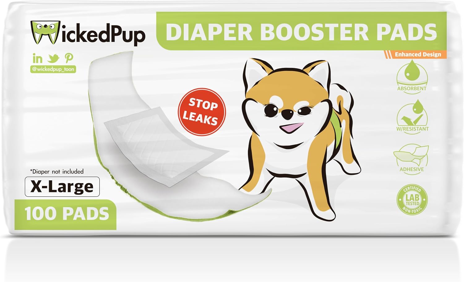 WICKEDPUP Dog Diaper Liners Booster Pads for Male and Female Dogs, 100ct | Disposable Diaper Inserts fit Most Reusable Pet Belly Bands, Wraps, and Washable Period Panties (X-Large (100 Count))