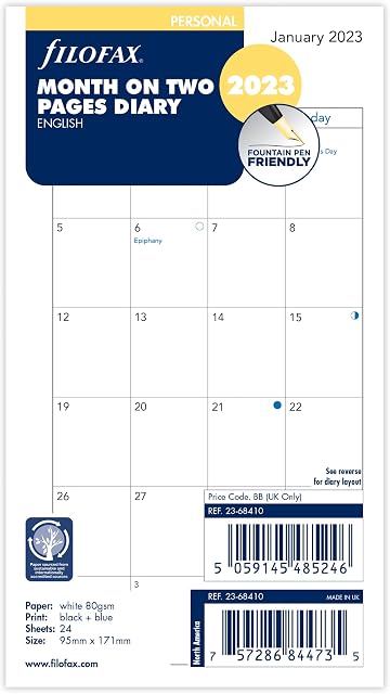 Filofax Personal Month on Two Pages English Block Format 2023 Diary