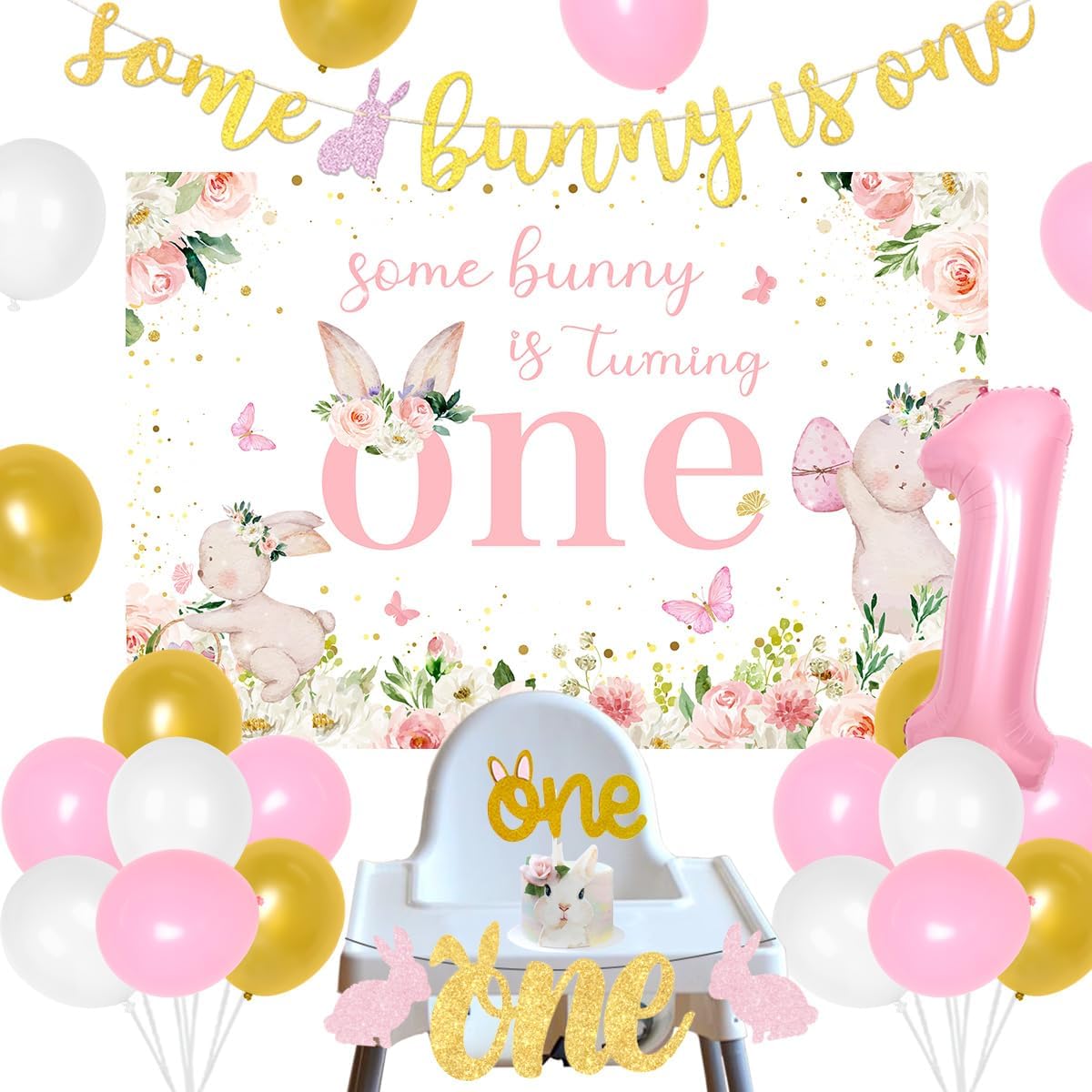 Some Bunny Is One Birthday Decorations, Bunny 1st Birthday Decorations for Girls Cake Topper Backdrop High Chair Banner for Girl 1st Bday