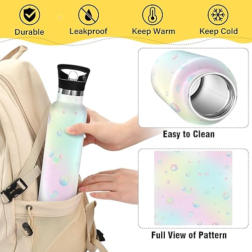 Miniatura 4 de Kids Water Bottle with Straw for School Leakproof Kids Insulated Water Bottle 20oz, BPA-Free, Pastel Colored Abstract Bubbles Dots Soft