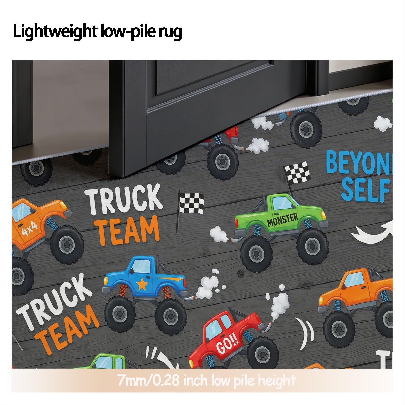 Cartoon Tapis Salon - Lavable Tapis Imprimé, Camions Pneus Mots Manuscrits Flèches - Doux Moquette pour Chambre, Tapis Descente De Lit Antidérapant, Salle à Manger - Gris Foncé 140 x 200 cm