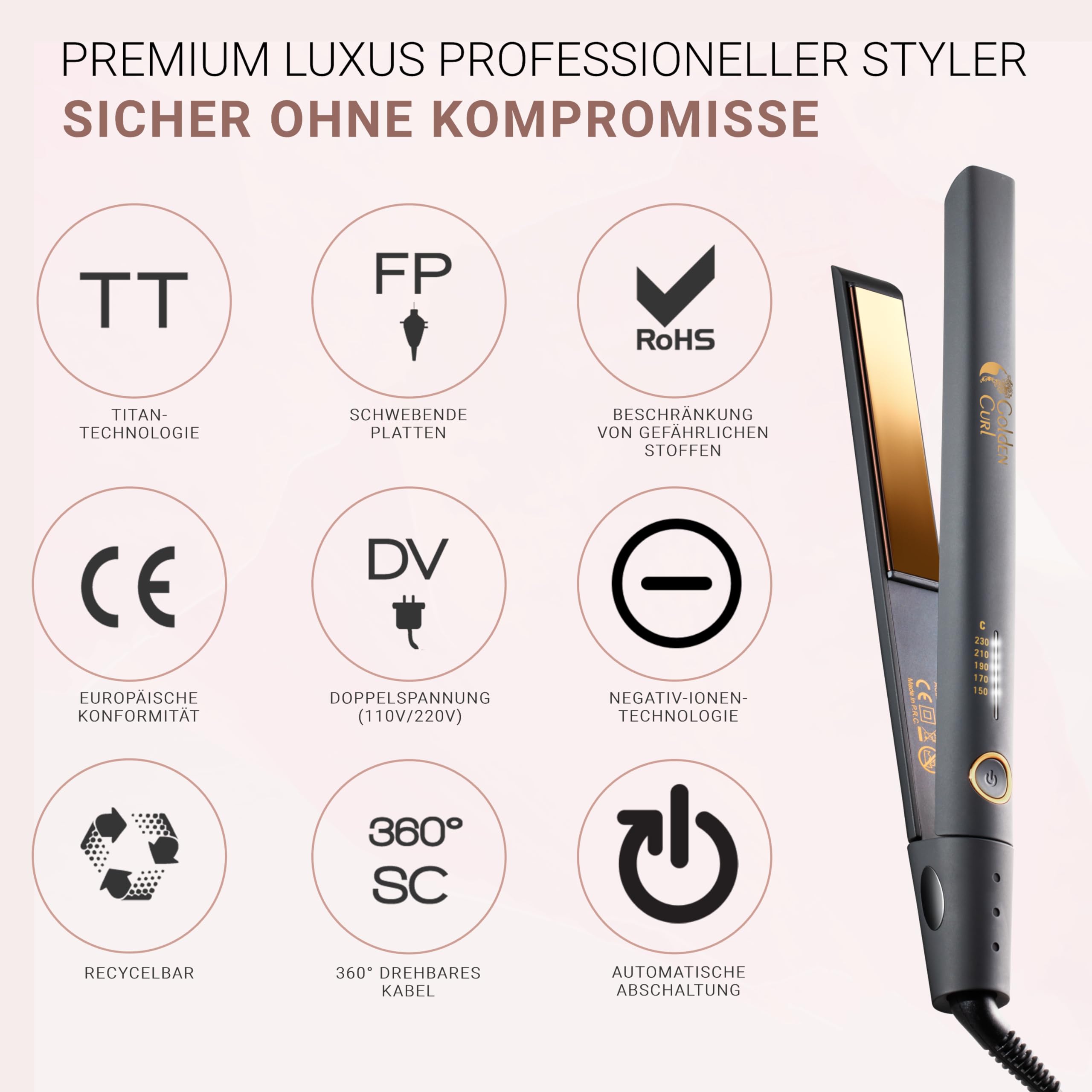 Glätteisen Locken und Glätten, Haarglätter für atemberaubende Ergebnisse | 5 Jahre Sorgenfreiheit, Hair Straightener und Lockenstab 2 in 1 für umwerfende Locken und geschmeidiges Haar (Gold Control)