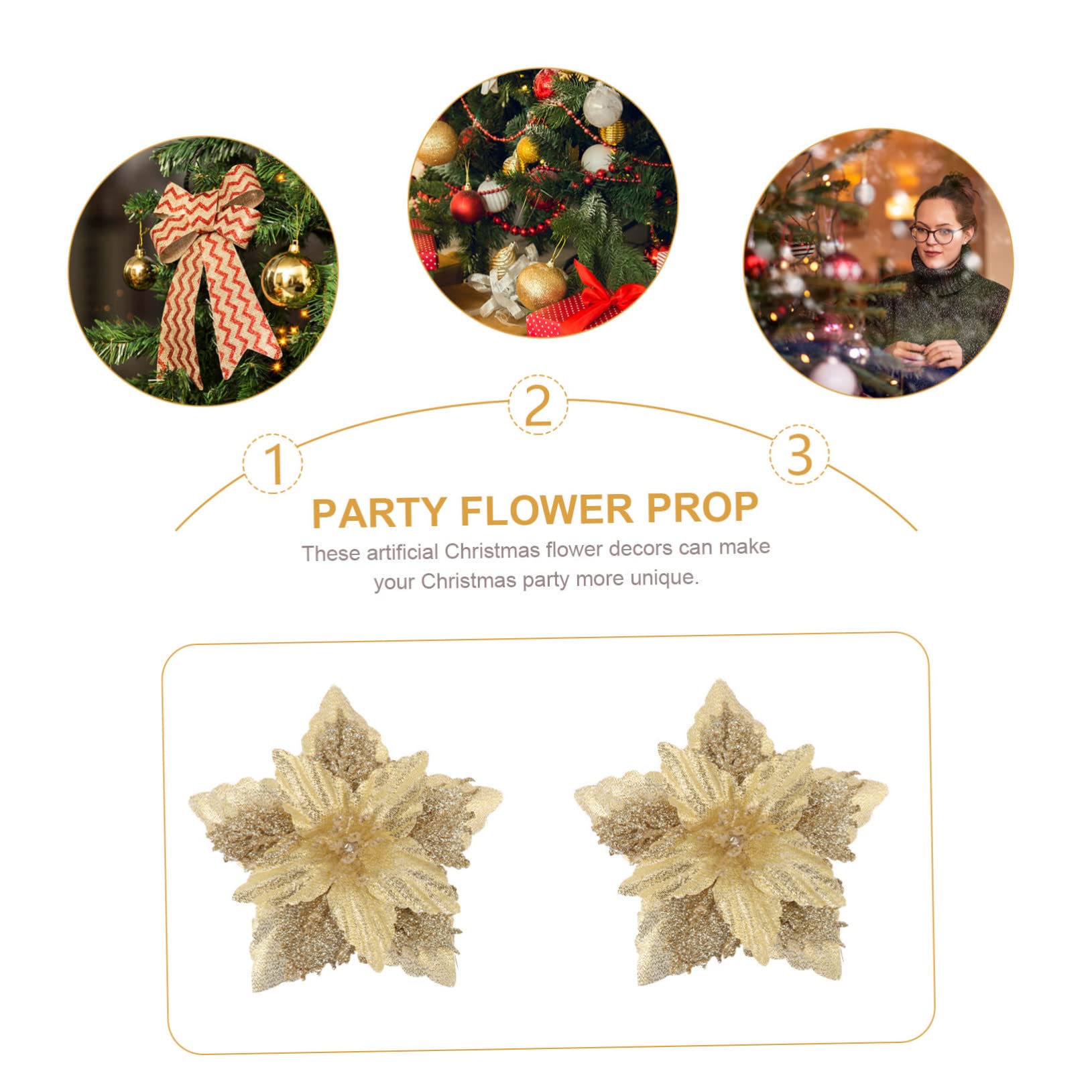 48 pièces Fleur de Noël Poinsettia à Paillettes de Noël Ornement de Fleur de Poinsettia de Vacances Ornement de Couronne de Noël Ornements d'arbre de Noël Poudre de Paillettes Fleurs