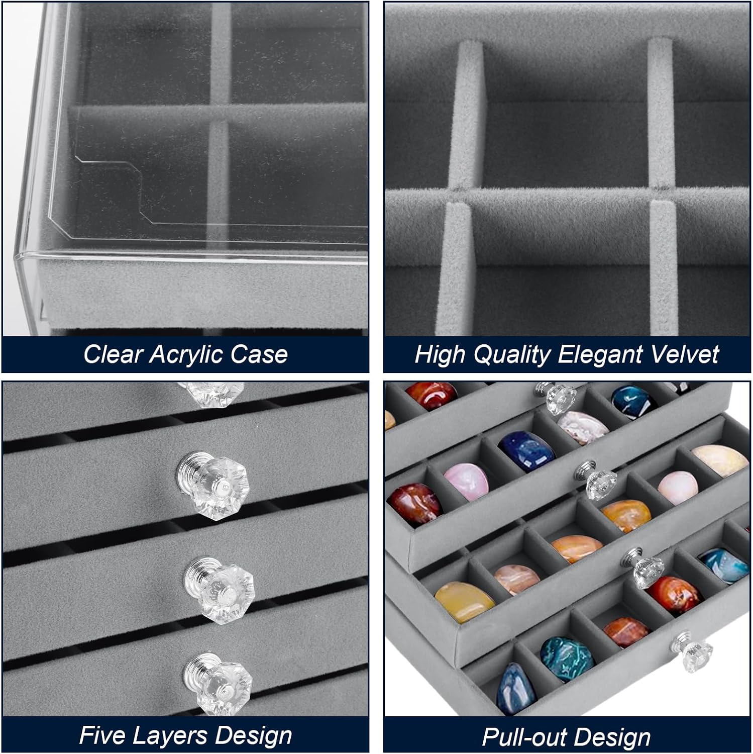 90 Grid Rock Display Case, Rock Collection Box for Kids, Rock Collection Crystal Fossil Display Case, Acrylic Clear Display Organizer for Gemstone Fossil Crystal Stone Collectibles