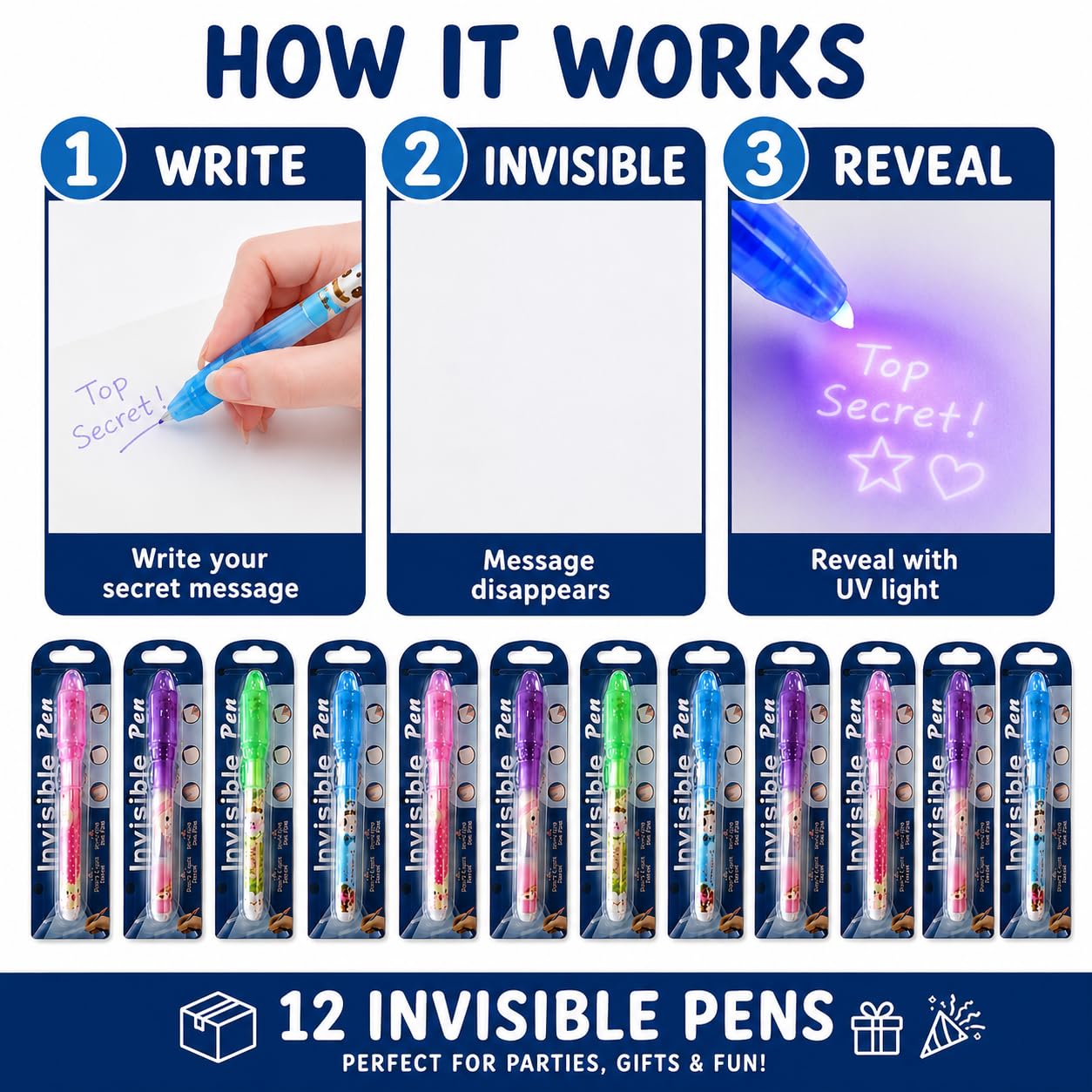 MONKEYTAIL Birthday Return Gift for Kids, 12 Pcs Invisible Ink Magic Pens with UV Light | Secret Message Pen, Fun Magic Toy & Party Favors for Boys & Girls 1