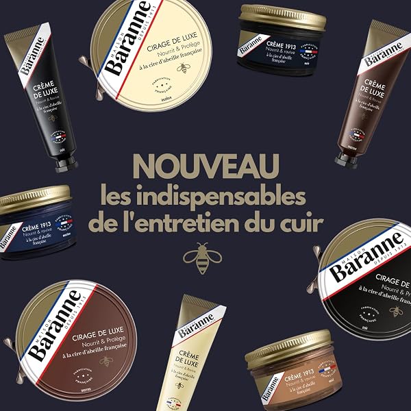 Le cirage Baranne pour un soin du cuir noir d'exception, infusé à la cire d'abeille française.