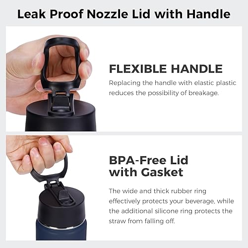 Miniatura 30 de Neihepal Botella de agua aislada de 22 onzas con tapa con popote, botellas de agua de acero inoxidable al vacío de doble pared a prueba de fugas,