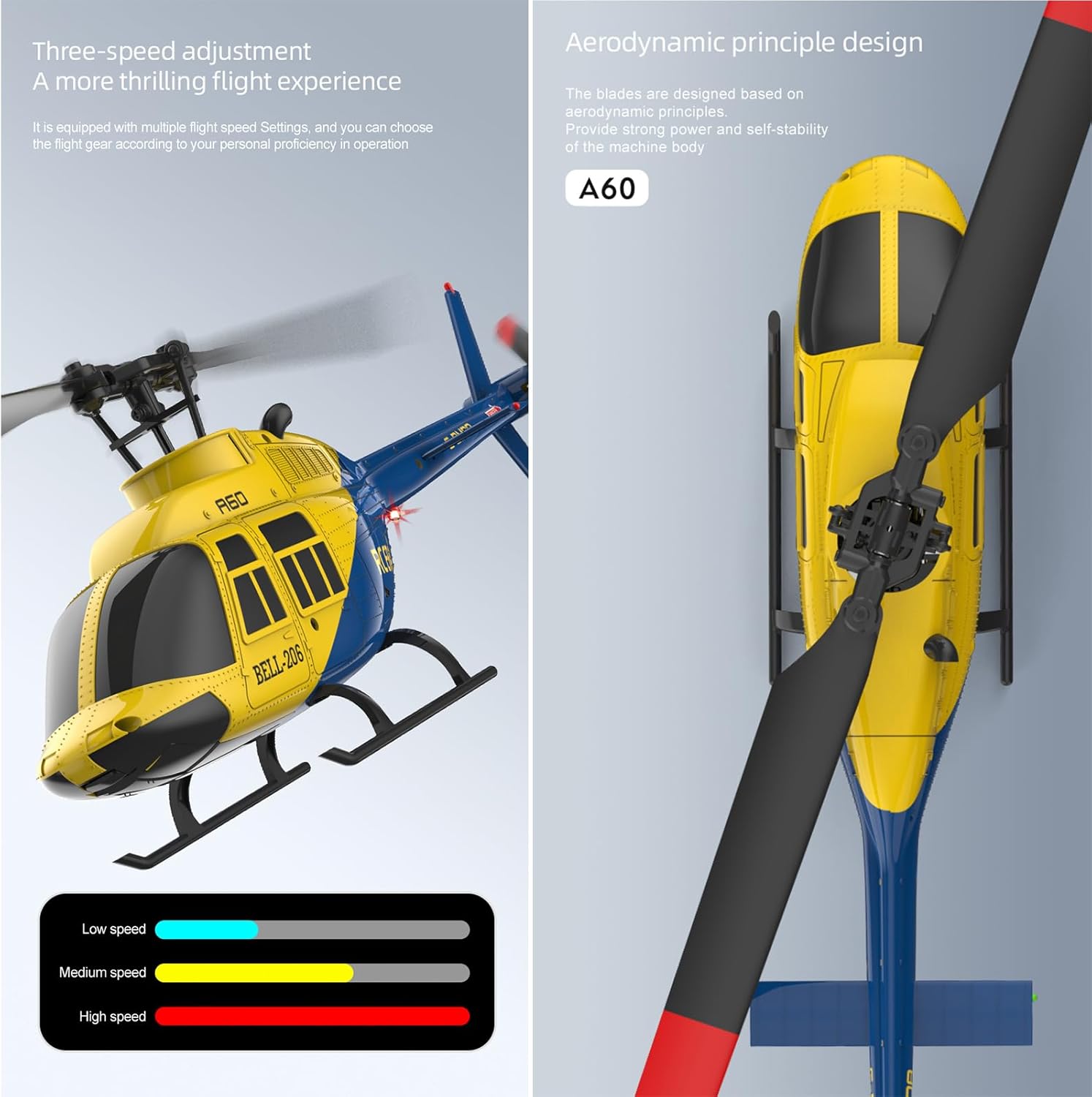 Helicopter model A60 remote-controlled multi-purpose helicopter, 6-axis gyroscope, high suspension pressure gauge, high flow optical positioning (dual battery remote control) Suitable for adults 14+
