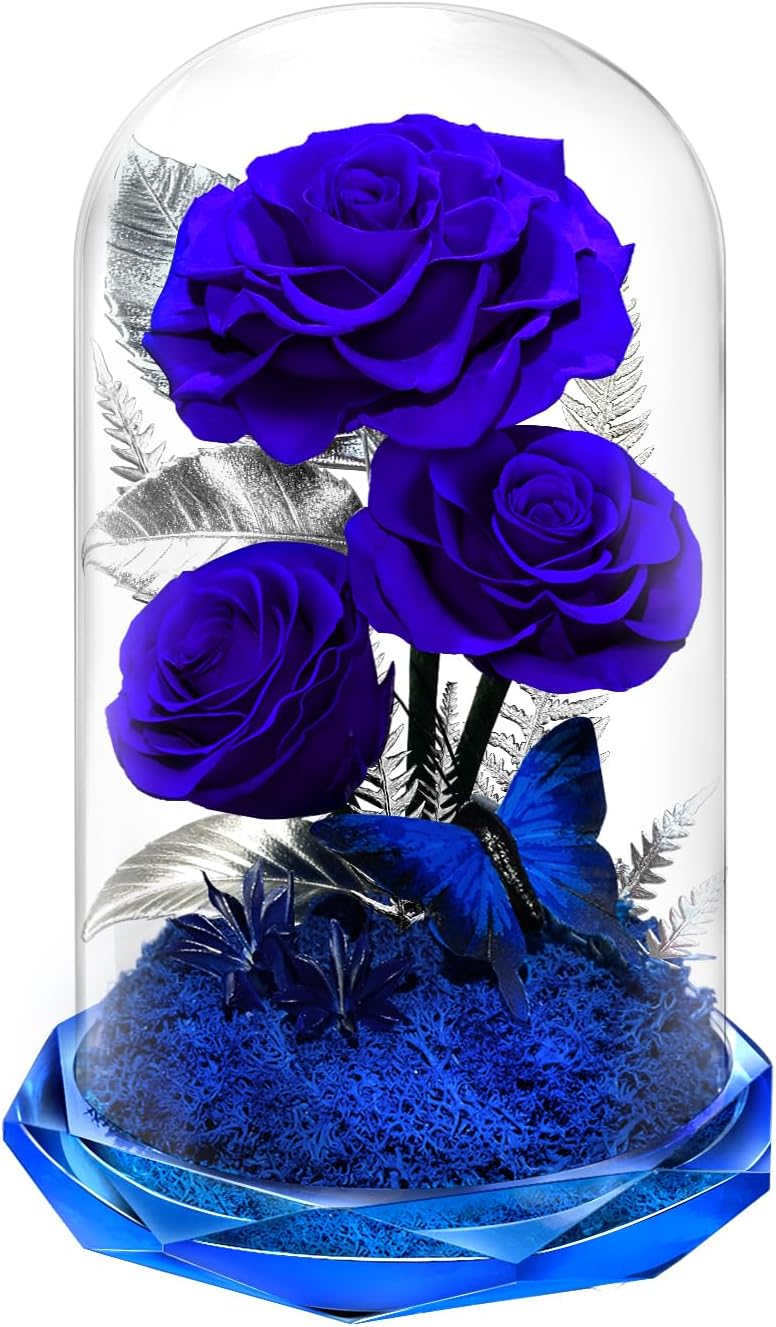 Preserved Rose in Glass Dome with Angel - Forever Flowers Christmas Gifts for Women, Mom, Wife - Birthday, Anniversary, Valentine's - Fresh Flowers for Delivery Prime (BLUE)