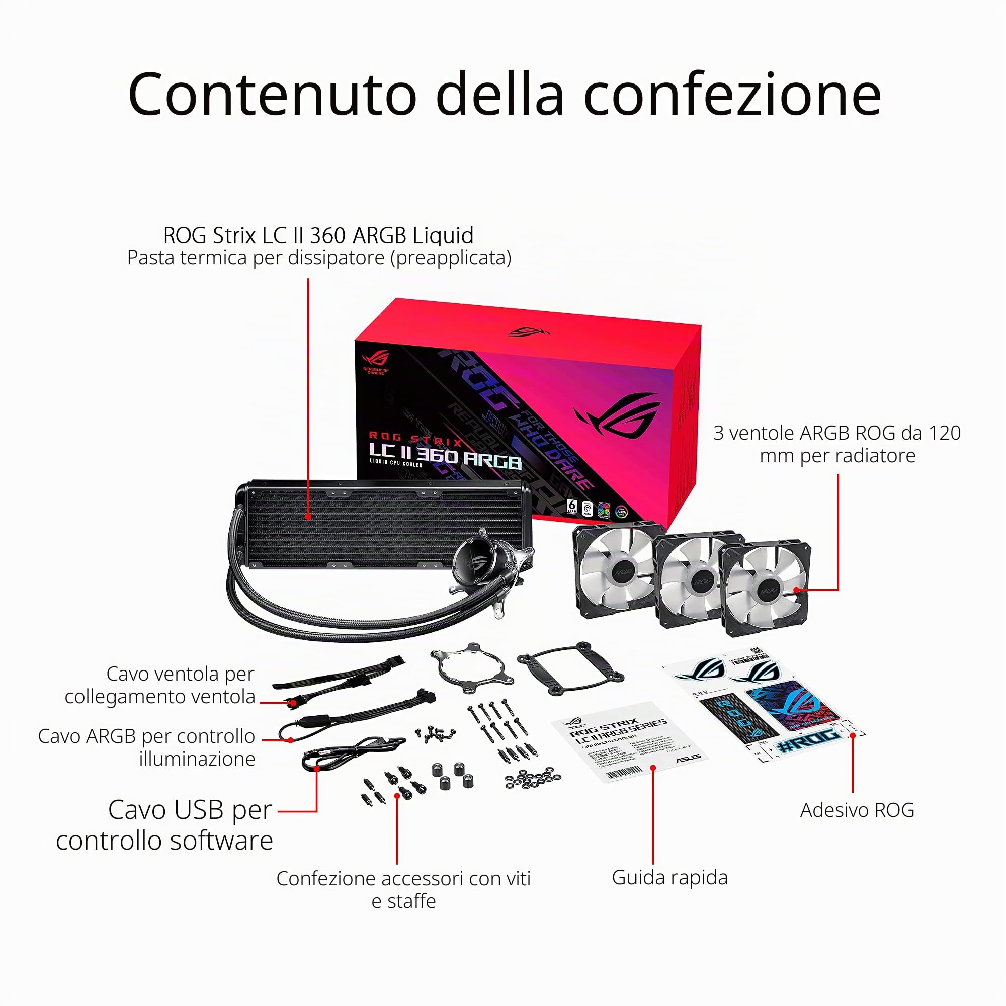 ASUS ROG Strix LC II 360 ARGB Dispositivo di raffreddamento a liquido all-in-one, Cooler CPU, supporto Intel LGA 1700 e AMD AM4/TR4, 3 Ventole ROG RGB da 120 mm, Aura Sync, Nero