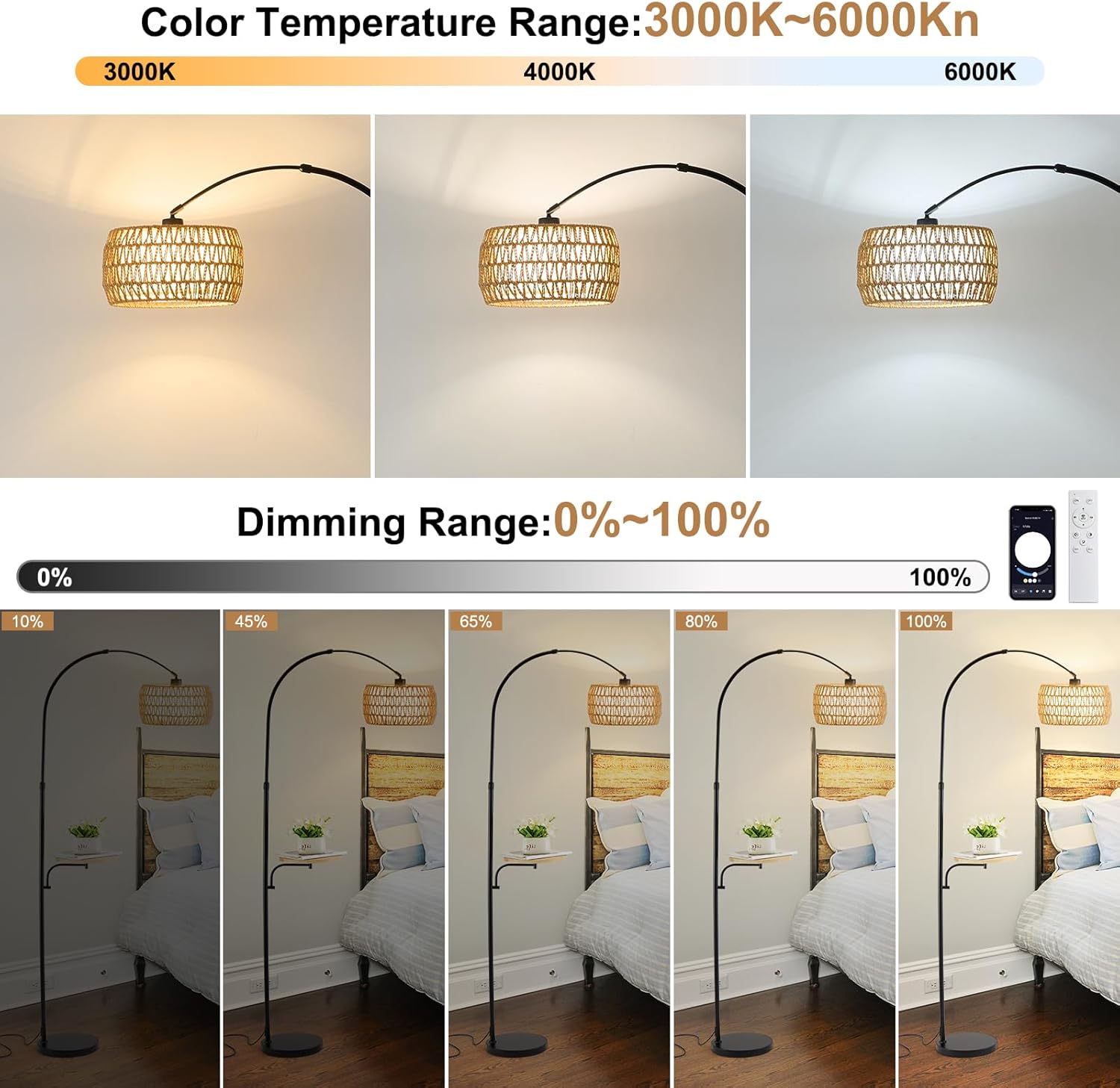 Arc Black Boho Floor Lamp with Table, Rattan Rustic Floor Lamps with Shelves and Remote & Dimmable 3 Color Temperatures LED Bulb, Tall Farmhouse Standing Lamp for Living Room Bedroom Corner