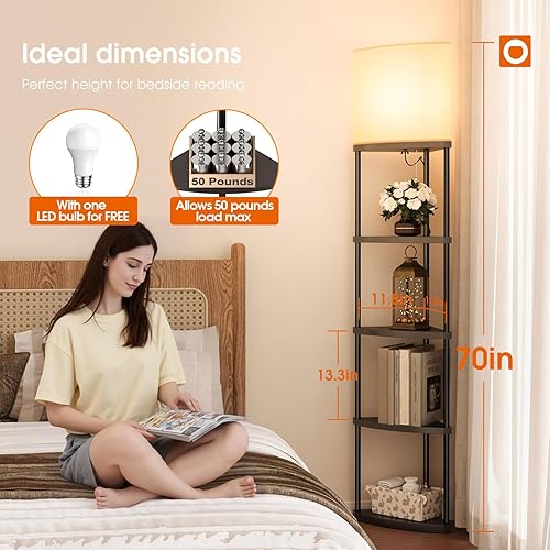 Miniatura 8 de addlon Lámpara de pie con estantes, lámpara de esquina ajustable de 5 niveles con 3 temperaturas de color y pantalla de lino, lámparas de pie