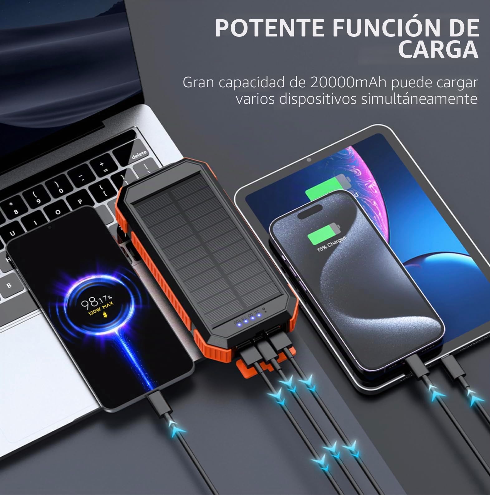 Power Bank Solar 20000mAh con Carga Inalámbrica – Batería Externa Impermeable con Panel Solar, Carga Rápida USB y USB-C, Linterna y Brújula – Cargador Portátil para iPhone, Samsung – QuickPrep