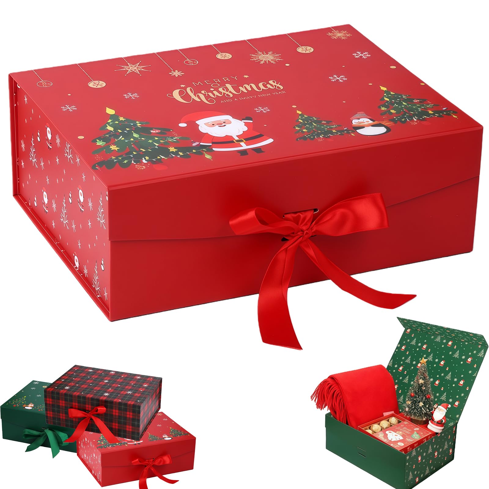 Large Gift Box with Lids Christmas 24x17.5x10.5cm,Red Santa Christmas Eve Box for Kids Adults Present Boxes with Ribbon Card Large Reusable Luxury Storage Box for Xmas Holiday Gifts Packaging