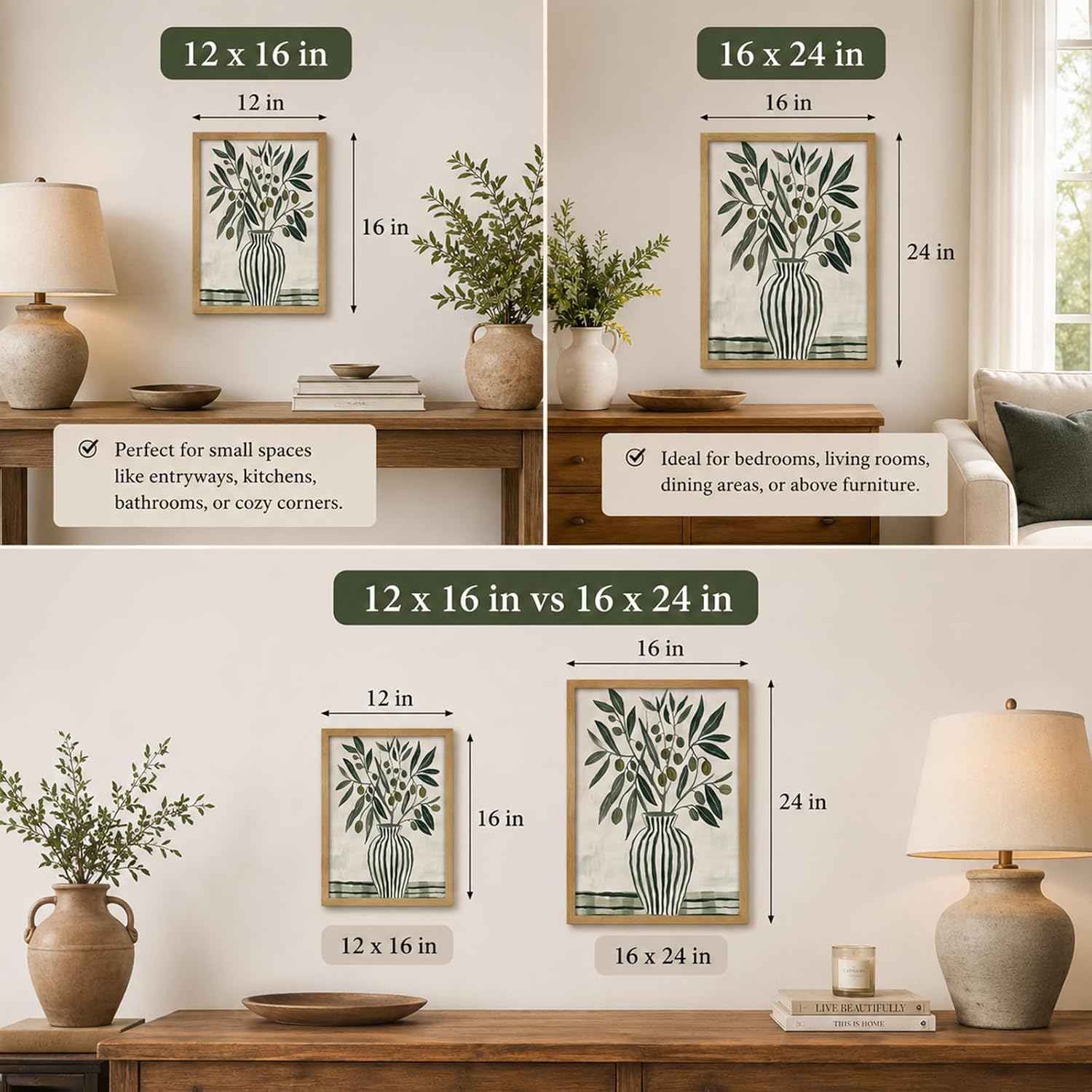 Framed Olive Branch Wall Art, Minimalist Botanical Print in Striped Vase, Mediterranean Green Wall Decor for Farmhouse Kitchen Living Room Bedroom, Boho Sage Green Aesthetic Artwork image 4
