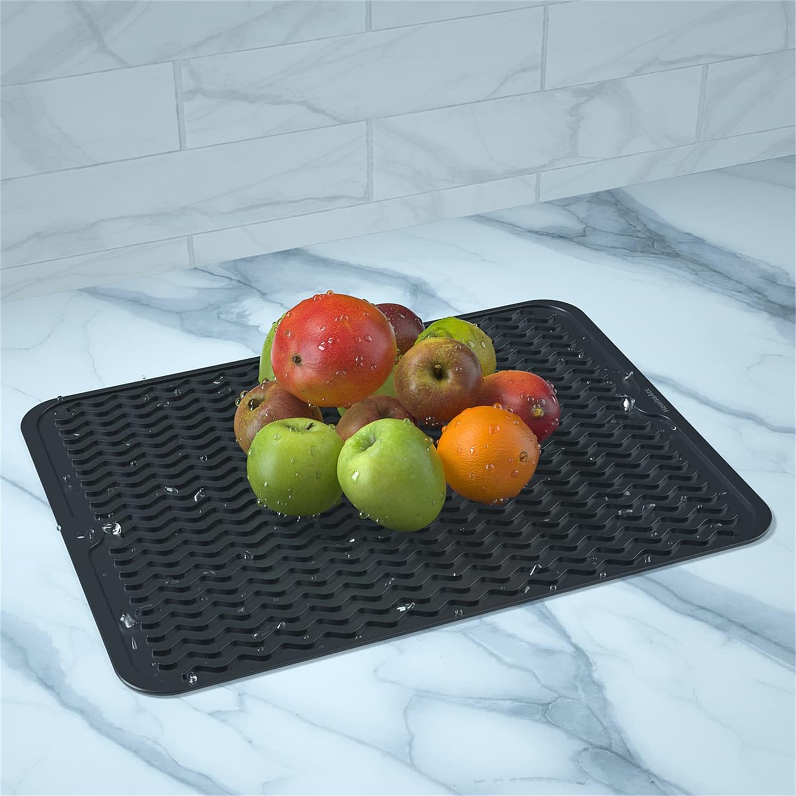Tappetino scolapiatti in Silicone - 40 x 30 cm Grande Tappetino Antiscivolo scolapiatti, Senza BPA, Tappetino scolapiatti Arrotolabile con Spazzola per la Pulizia in Spugna