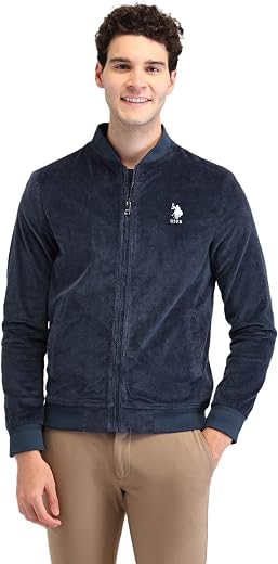 U.S. Polo Assn. Men's Blue Textured Mock Collar Long Sleeve Casual Polyester Regular Fit Jacket